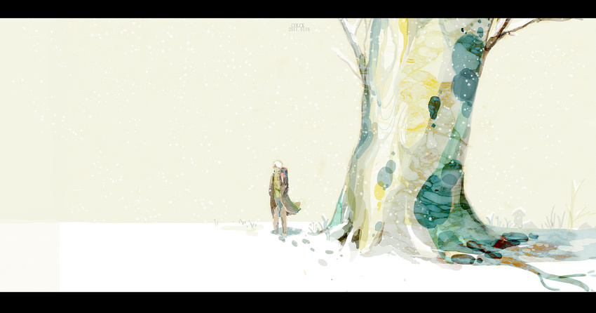 2011 coat colorful ginko highres letterboxed male_focus mushishi sarnath snow solo tree white_hair
