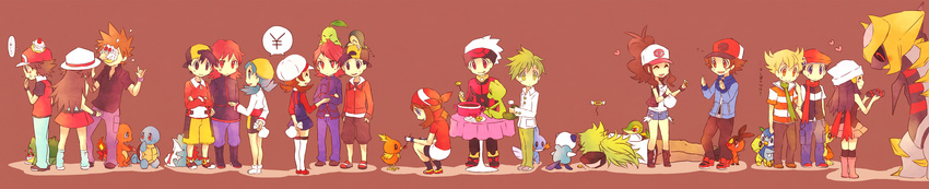 6+girls absurdres alternate_costume alternate_form anger_vein arm_behind_back backwards_hat bad_id bad_pixiv_id bag bandana baseball_cap beanie bike_shorts black_eyes black_hair blonde_hair blue_(pokemon) blue_eyes blue_hair boots brown_eyes brown_hair bulbasaur cabbie_hat cake charmander chikorita chimchar closed_eyes cookie crossed_arms crystal_(pokemon) cyndaquil dual_persona eating fingerless_gloves food food_on_face fruit gen_1_pokemon gen_2_pokemon gen_3_pokemon gen_4_pokemon gen_5_pokemon gift giratina gloves gold_(pokemon) green_eyes green_hair halo hands_in_pockets haruka_(pokemon) hat hat_removed headwear_removed heart highres hikari_(pokemon) in_the_face jacket jun_(pokemon) kabocha_torute kneehighs kotone_(pokemon) kouki_(pokemon) long_hair long_image lying marshmallow mitsuru_(pokemon) mudkip multiple_boys multiple_girls n_(pokemon) on_side ookido_green orange_eyes orange_hair oshawott pie_in_face piplup pokemon pokemon_(creature) pokemon_(game) pokemon_bw pokemon_dppt pokemon_frlg pokemon_gsc pokemon_hgss pokemon_rse ponytail pot purple_eyes red_(pokemon) red_(pokemon_frlg) red_eyes red_hair scarf short_hair shorts silver_(pokemon) skirt snivy squatting squirtle standing strawberry sweatdrop table tepig time_paradox torchic totodile touko_(pokemon) touya_(pokemon) treecko turtwig twintails valentine vest wide_image wristband yen yuuki_(pokemon)