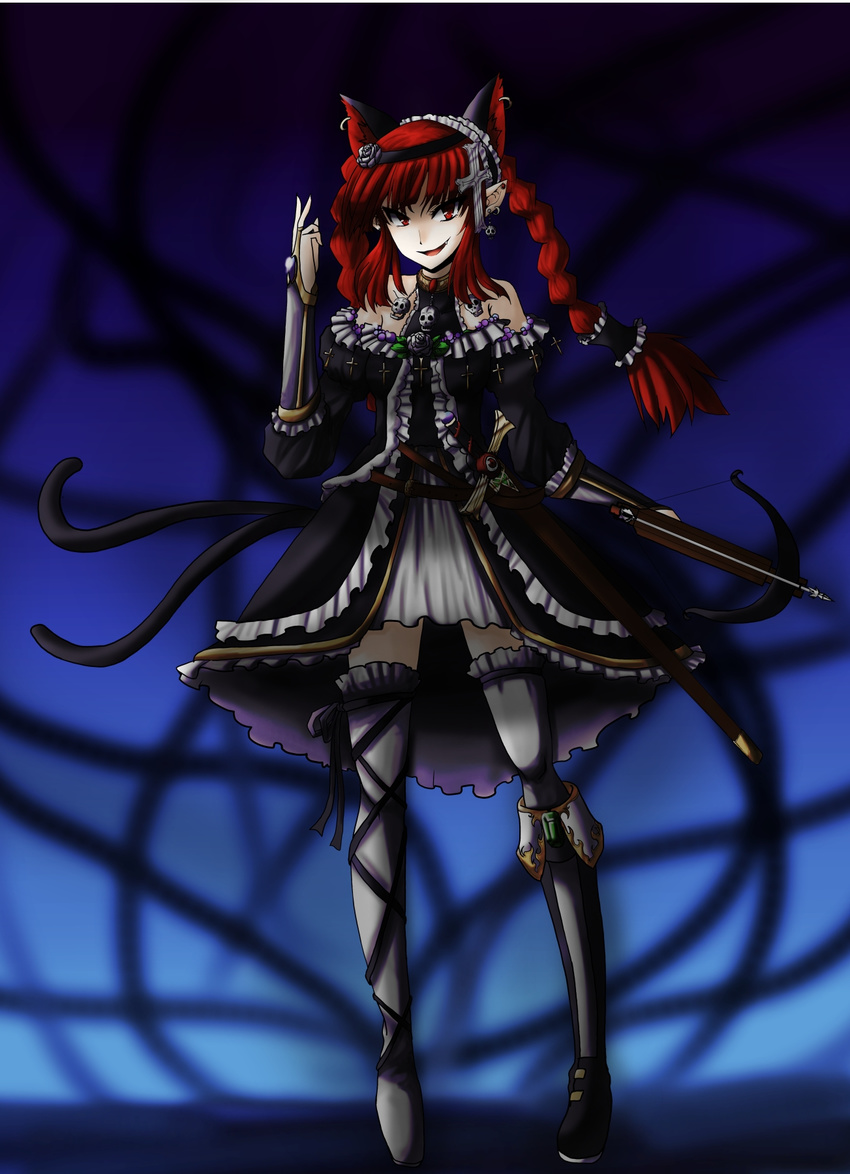 animal_ears bad_id bad_pixiv_id bow_(weapon) braid cat_ears cat_tail crossbow highres kaenbyou_rin koumajou_densetsu nekota_susumu red_eyes red_hair solo sword tail touhou twintails weapon