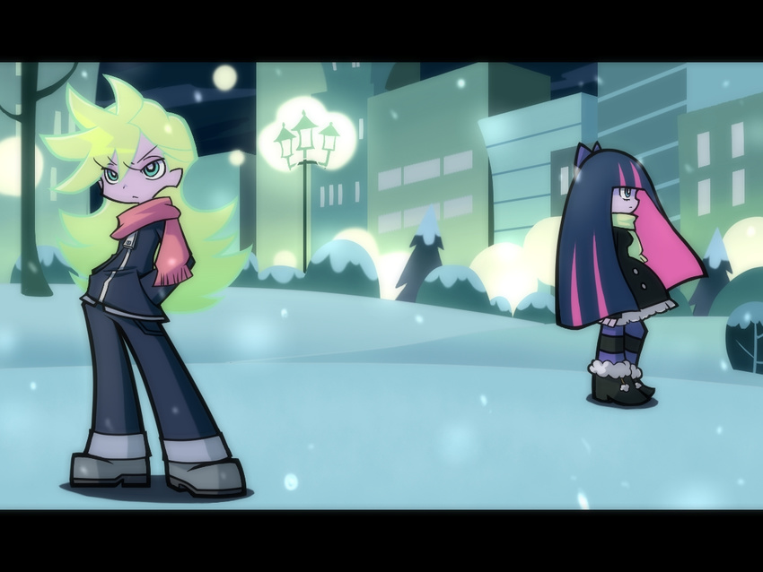 blonde_hair letterboxed multicolored_hair multiple_girls official_style panty_&amp;_stocking_with_garterbelt panty_(psg) purple_hair rate_rapiku snow stocking_(psg) thighhighs two-tone_hair