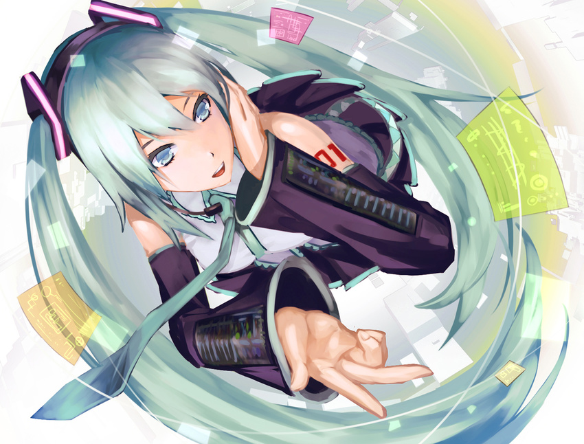 bad_id bad_pixiv_id bare_shoulders blue_eyes blue_hair floating_screen from_above hands hatsune_miku kibanda_gohan light_smile long_hair open_mouth solo twintails very_long_hair vocaloid