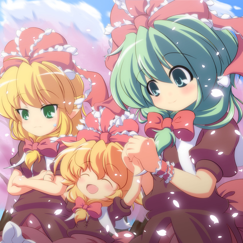 blonde_hair blush cherry_blossoms closed_eyes cosplay fang front_ponytail green_eyes hair_ribbon highres kagiyama_hina kagiyama_hina_(cosplay) laughing look-alike md5_mismatch medicine_melancholy mizuhashi_parsee multiple_girls nullpooo open_mouth ribbon smile touhou