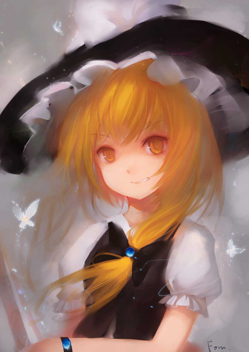 absurdres blonde_hair bracelet bug butterfly closed_mouth face fom_(lifotai) grin hat highres insect jewelry kirisame_marisa orange_hair smile solo touhou upper_body yellow_eyes