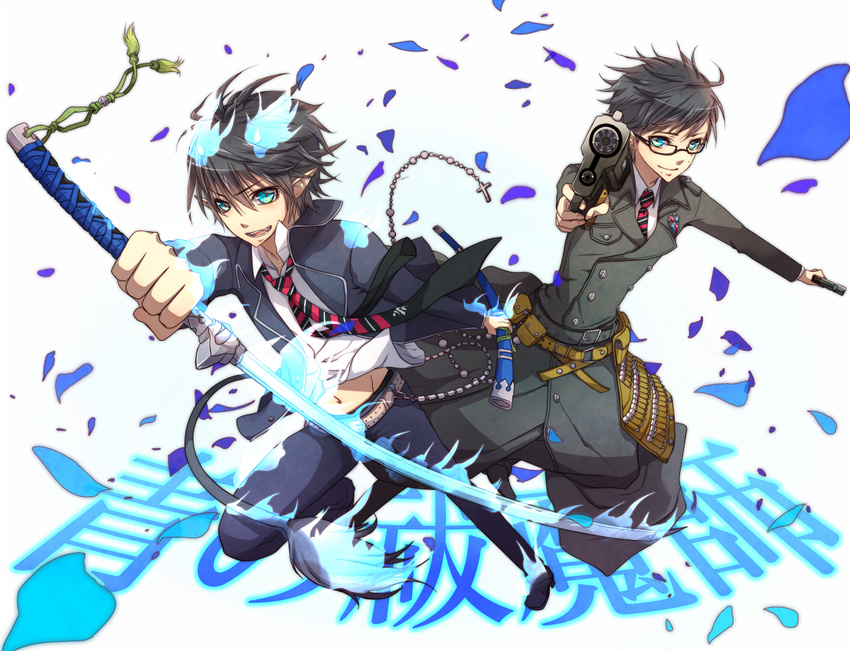 ao_no_exorcist artist_request blue_eyes blue_fire brothers fire flaming_sword glasses gun male_focus multiple_boys okumura_rin okumura_yukio pointy_ears school_uniform siblings sword tail tail-tip_fire weapon