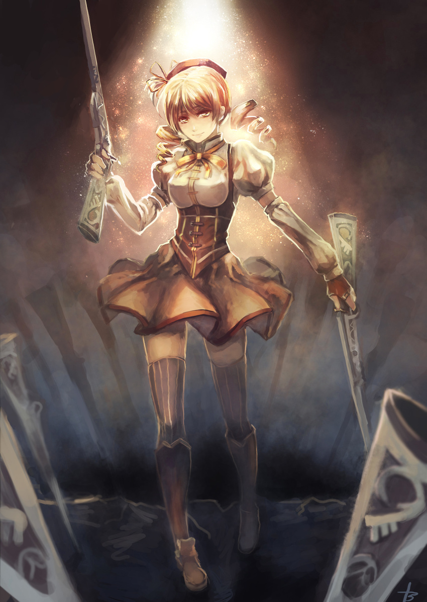 backlighting beret blonde_hair boots brown_legwear bryanth detached_sleeves drill_hair field_of_blades fingerless_gloves gloves gun hair_ornament hairpin hat highres magical_girl magical_musket mahou_shoujo_madoka_magica planted_weapon pleated_skirt puffy_sleeves ribbon rifle short_hair skirt solo striped striped_legwear thighhighs tomoe_mami twin_drills twintails vertical-striped_legwear vertical_stripes weapon yellow_eyes zettai_ryouiki