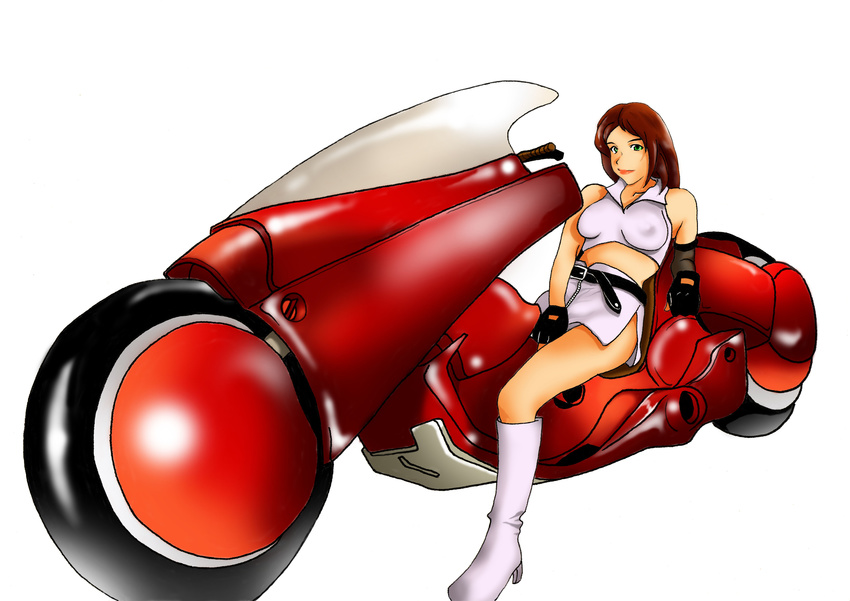 absurdres akira boots breasts character_request female highres motor_vehicle motorcycle simple_background solo straddle straddling vehicle white_background