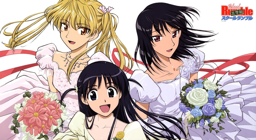 3girls dress flower highres jewelry multiple_girls necklace ribbon sawachika_eri school_rumble siblings sisters tsukamoto_tenma tsukamoto_yakumo twintails wedding_dress