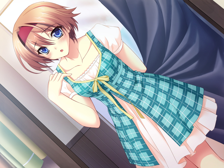 blue_eyes blush brown_hair game_cg kouno_ruri riv short_hair vestige