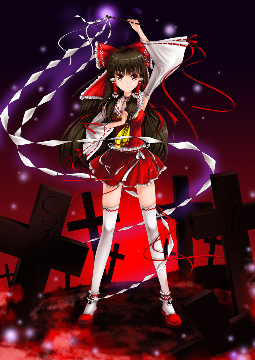 ascot bad_id bad_pixiv_id bow brown_hair cross detached_sleeves gohei hair_bow hakurei_reimu highres long_hair solo thighhighs touhou white_legwear xinguang yellow_eyes yin_yang