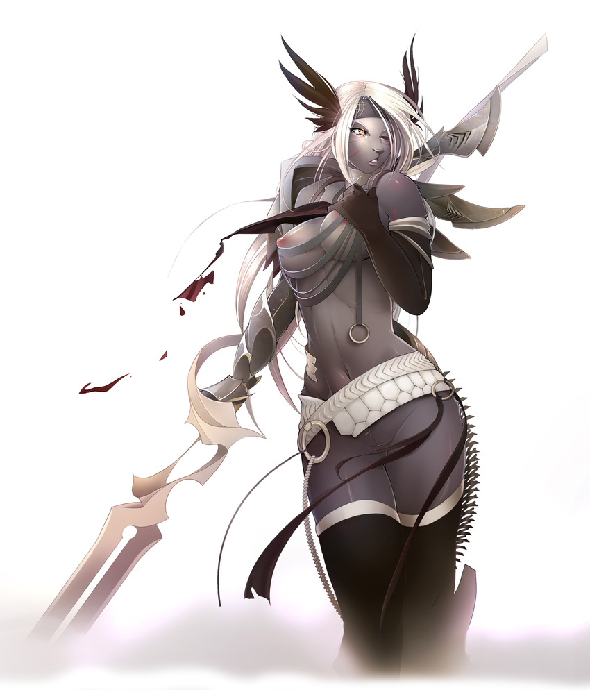 armor bottomless breasts cat chain feline female gloves grey hair solo standing sword topless tsampikos unconvincing_armour warrior weapon white_hair