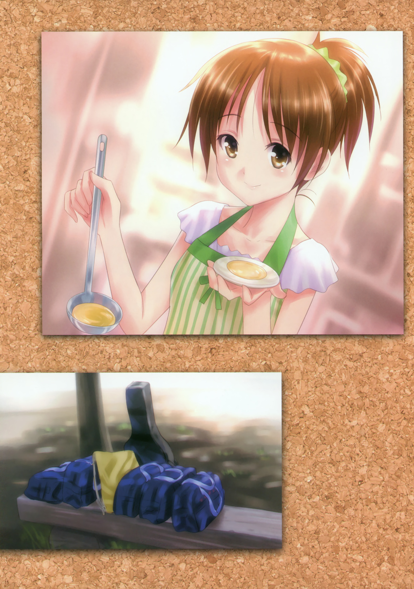 absurdres apron bag bench brown_eyes brown_hair goto_p guitar_case highres hirasawa_ui image_sample instrument_case k-on! ladle ponytail school_bag solo yandere_sample