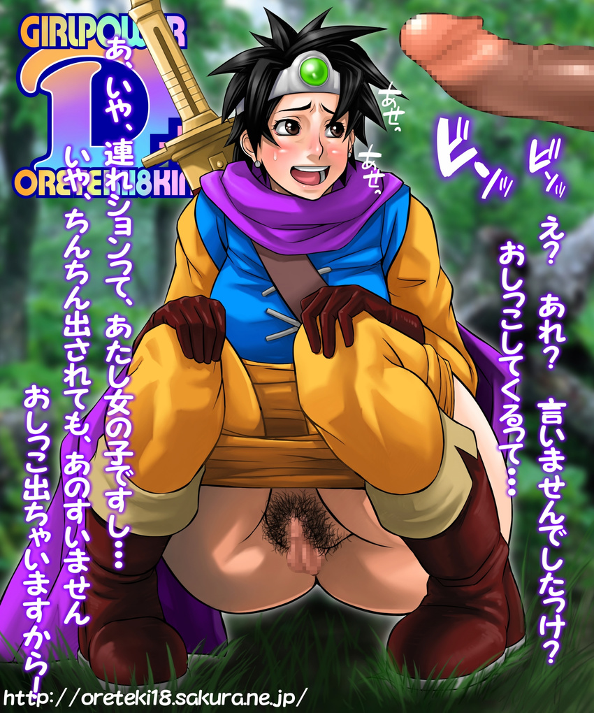 1girl absurdres censored chunsoft dragon_quest dragon_quest_iii enix genderswap hero_(dq3) highres huge_penis mosaic_censoring oreteki18kin penis pubic_hair roto squatting translated