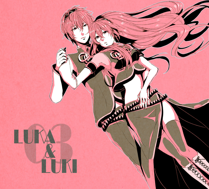 1girl black_legwear boots character_name couple dual_persona genderswap hetero highres image_sample kunieda_(miniaturegarden) long_hair md5_mismatch megurine_luka megurine_luki pink pixiv_sample skirt thighhighs vocaloid