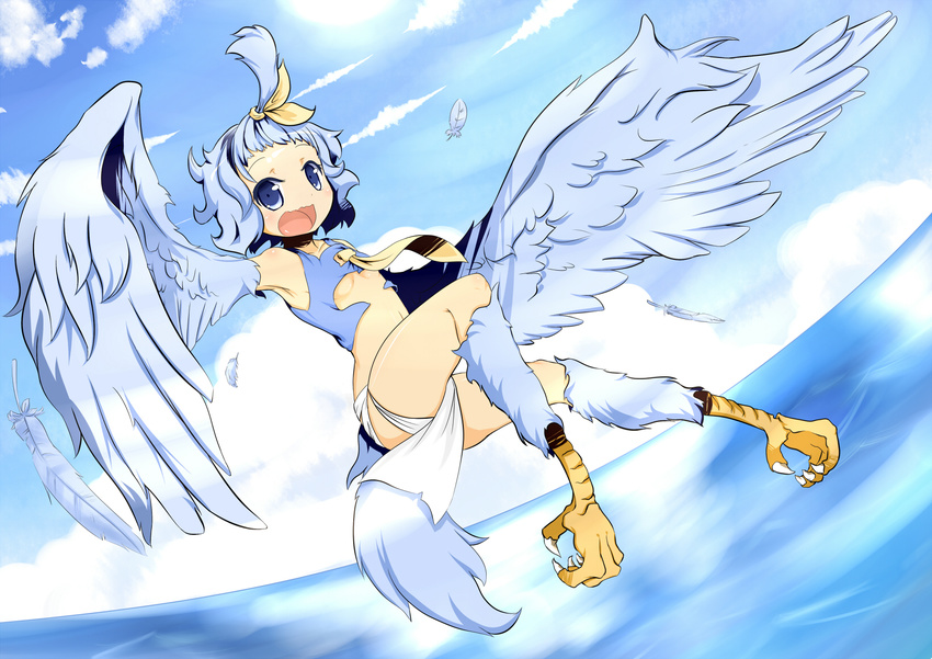 armpits blue blue_eyes blue_hair breasts cloud day feathered_wings feathers harpy highres inutokage monster_girl open_mouth original sky small_breasts solo talons underboob wings