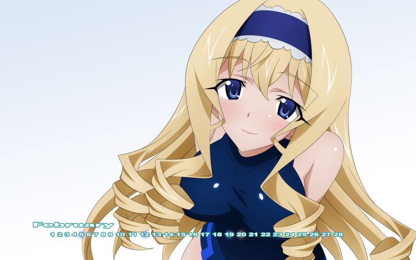 bangs bare_shoulders blonde_hair blue_eyes blue_hairband blue_leotard blush breasts calendar_(medium) cecilia_alcott cowboy_shot drill_hair earrings february from_above gradient gradient_background hairband highres infinite_stratos jewelry large_breasts leotard light_smile long_hair looking_at_viewer number pilot_suit sidelocks smile solo sugimura_tomokazu taut_clothes very_long_hair wallpaper white_background widescreen