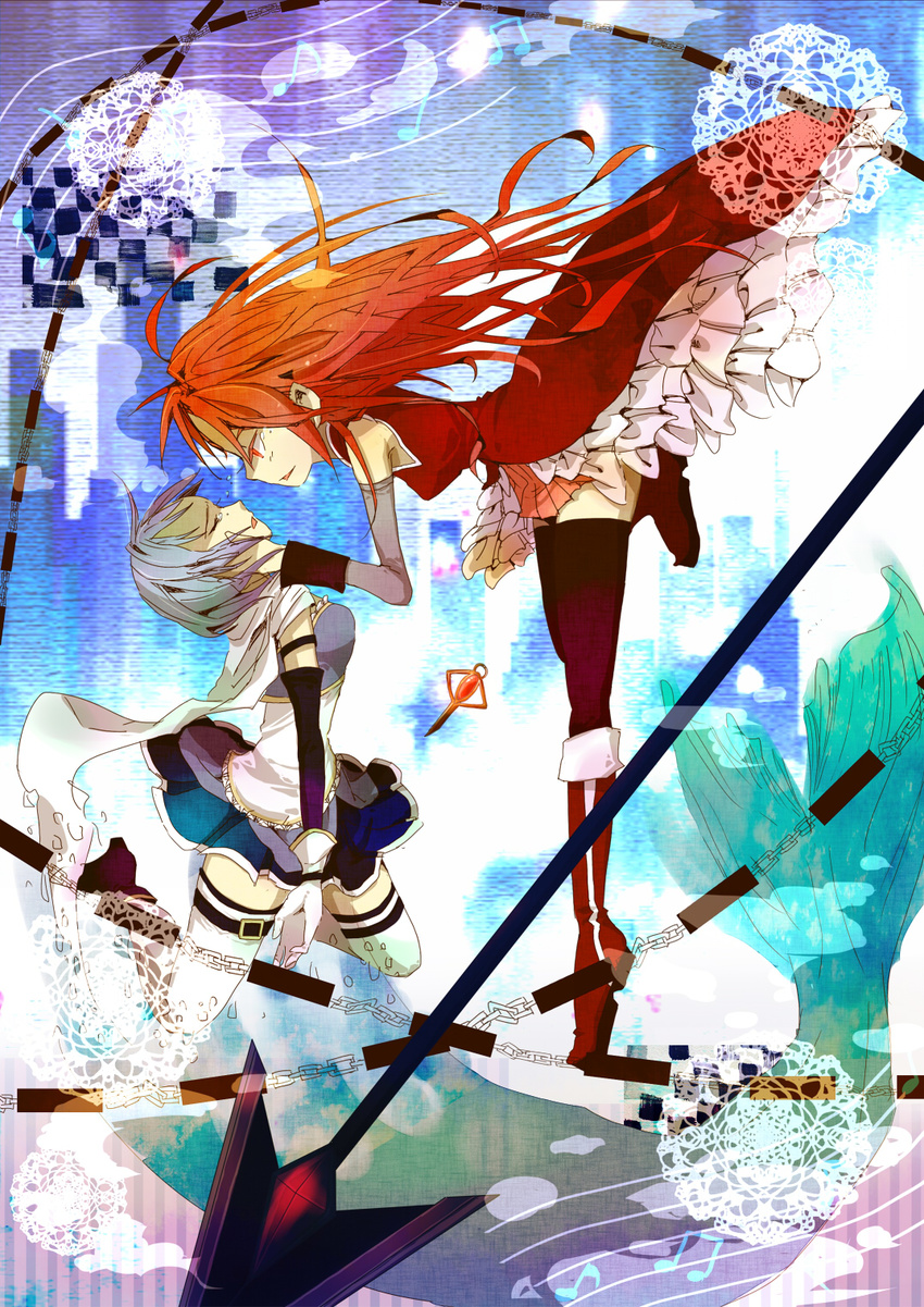 bad_id bad_pixiv_id blue_hair boots brown_legwear buckle chain closed_eyes detached_sleeves doily face-to-face frills from_side hand_on_another's_cheek hand_on_another's_face highres jun_(sf222g) long_hair magical_girl mahou_shoujo_madoka_magica mermaid miki_sayaka monster_girl multiple_girls musical_note pleated_skirt polearm profile red_eyes red_hair sakura_kyouko short_hair skirt soul_gem spear staff_(music) tears thighhighs weapon white_legwear zettai_ryouiki
