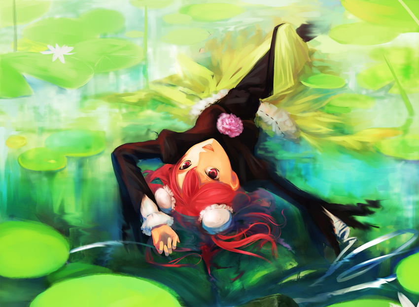 bandages bun_cover double_bun highres ibaraki_kasen lily_pad looking_at_viewer lying on_back pond red_eyes red_hair samanta short_hair solo submerged touhou upside-down water