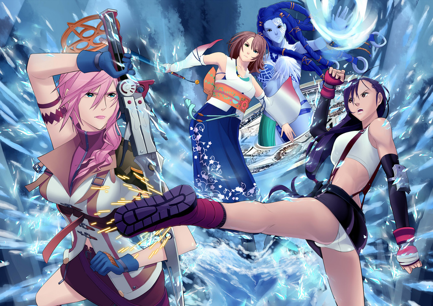 battle dissidia_final_fantasy final_fantasy final_fantasy_vii final_fantasy_x final_fantasy_xiii highres kick kicking lightning_farron magic_circle masquevale panties pantyshot shiva shiva_(final_fantasy) staff swod sword tifa_lockhart underwear water weapon yuna