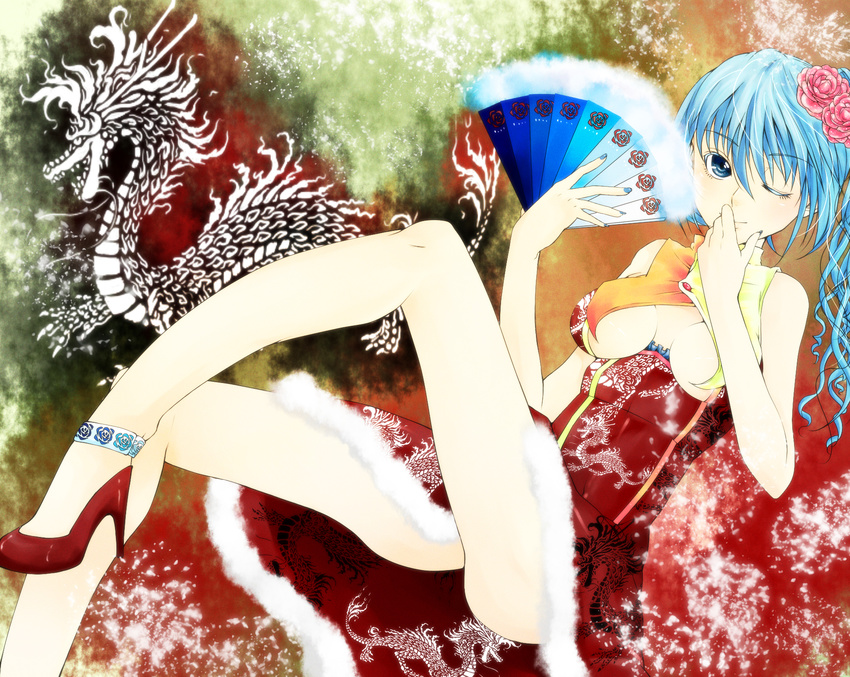 anklet bad_id bad_pixiv_id blue_eyes blue_hair breasts chinese_clothes ei77 fan flower folding_fan hair_flower hair_ornament hatsune_miku high_heels highres jewelry legs long_hair medium_breasts nail_polish one_eye_closed shoes solo vocaloid