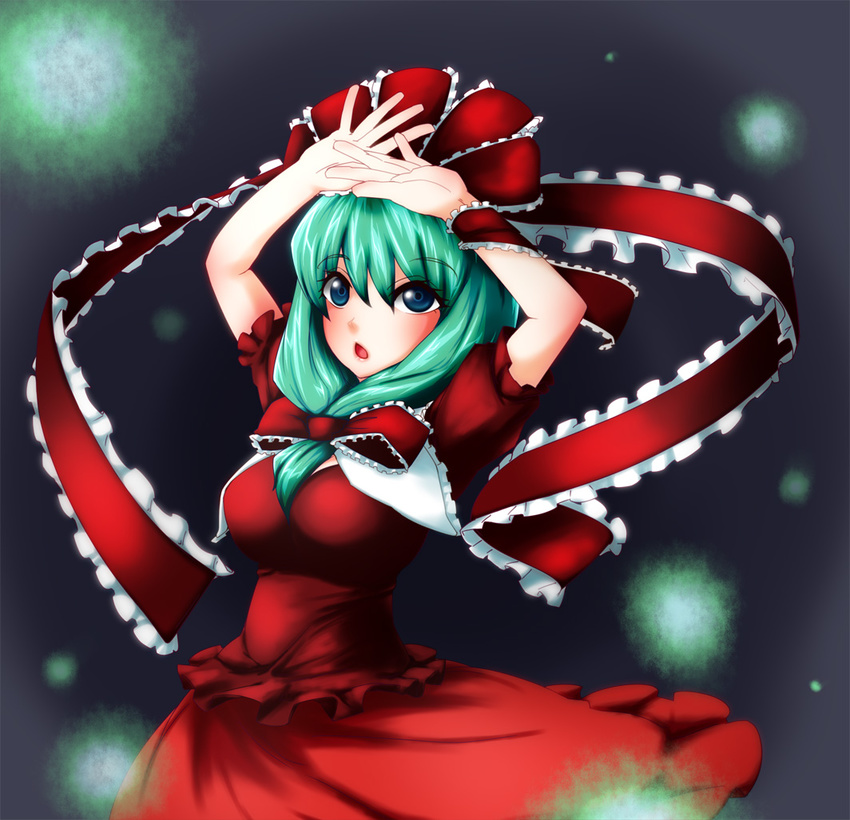 bow breasts dress frills front_ponytail green_eyes green_hair hair_bow hair_ribbon hellion kagiyama_hina long_hair medium_breasts ribbon solo touhou