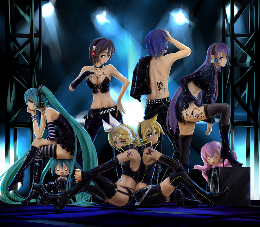 5girls aqua_eyes aqua_hair ban_(777purin) blonde_hair blue_hair boots breasts brown_eyes brown_hair cleavage hachune_miku hair_ornament hair_ribbon hairclip hatsune_miku headphones highres kagamine_len kagamine_rin kaito long_hair medium_breasts megurine_luka meiko midriff migikata_no_chou_(vocaloid) multiple_boys multiple_girls navel pink_hair project_diva_(series) project_diva_2nd ribbon short_hair sitting skirt small_breasts smile takoluka tattoo thighhighs twintails very_long_hair vocaloid