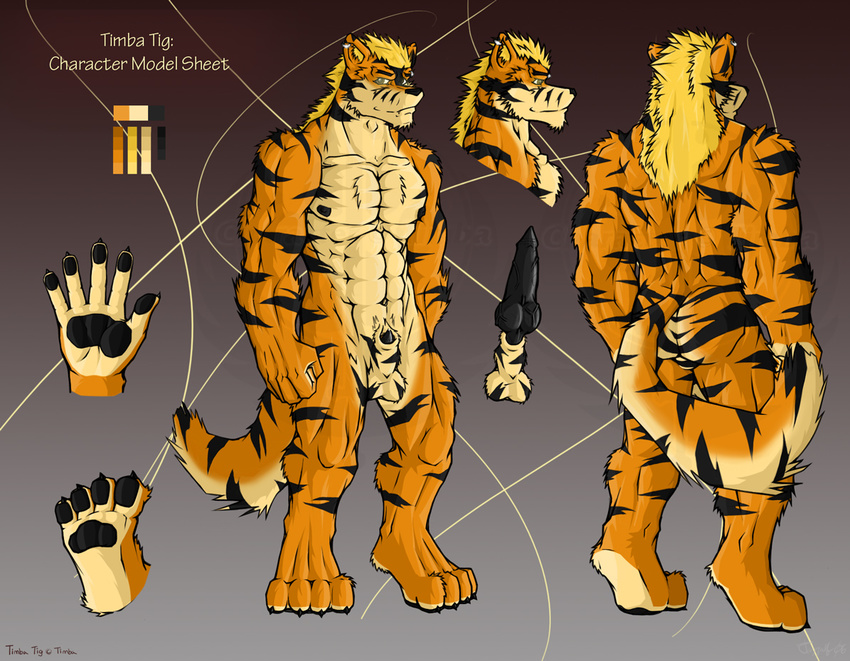 arcanine balls brown_eyes butt canine claws erection fangs feline grin jazzwolf knot looking_at_viewer male model_sheet muscles nude penis piercing pok&eacute;mon solo standing tail