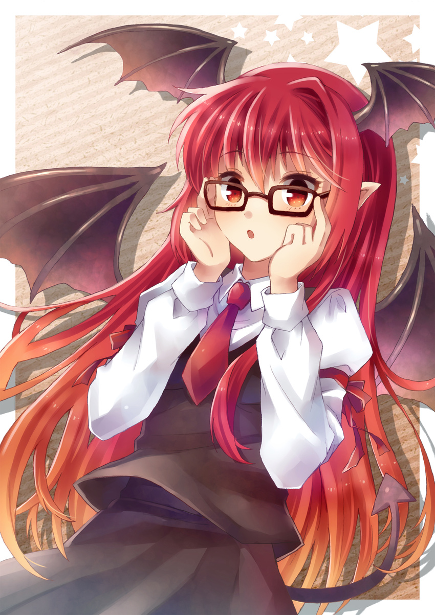 :o absurdres bat_wings bespectacled demon_tail glasses gradient_hair head_wings highres koakuma mauve multicolored_hair necktie orange_hair pointy_ears red_eyes red_hair red_neckwear solo tail touhou wings