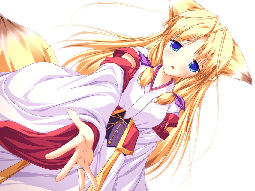 animal_ears blonde_hair blue_eyes canine female fox foxgirl hair hentai japanese_clothing kemonomimi kitsunemimi long_blonde_hair long_hair looking_at_viewer ribbons solo standing tail tears twin_tails unknown_artist