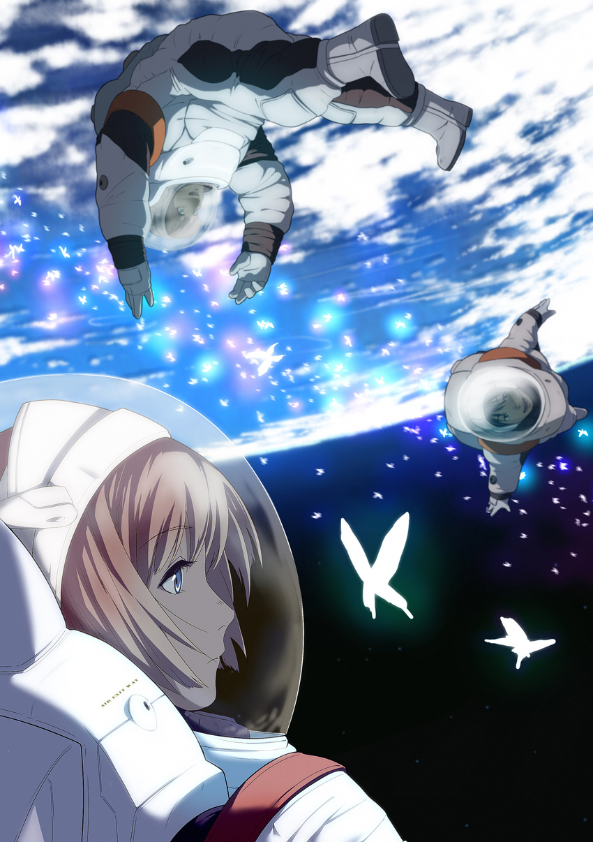2girls absurdres astronaut blue_eyes brown_hair bug butterfly earth floating green_eyes highres insect multiple_girls original pu-chin science_fiction space spacesuit