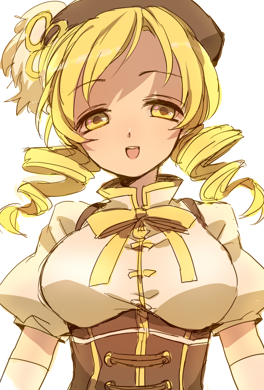 74_(teduka) beret blonde_hair breasts drill_hair hat highres large_breasts magical_girl mahou_shoujo_madoka_magica open_mouth puffy_sleeves smile solo tomoe_mami yellow_eyes