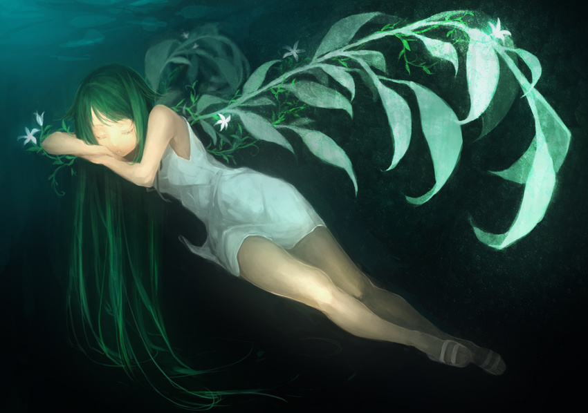 dress green_hair long_hair sandals saya saya_no_uta sleeping solo stealth_tes sundress