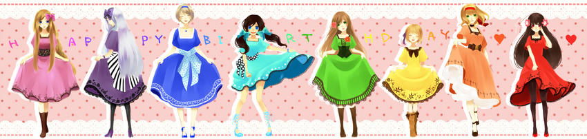 6+girls 8girls axis_powers_hetalia belarus_(hetalia) belgium_(hetalia) black_hair blonde_hair blue_eyes bow brown_eyes brown_hair dress flower green_eyes hair_bow hair_flower hair_ornament hair_ribbon hairclip heart highres human_rainbow hungary_(hetalia) liechtenstein_(hetalia) monaco_(hetalia) multiple_girls ponytail pretty_dresses rainbow rainbow_colours ribbon seychelles_(hetalia) smile taiwan_(hetalia) twintails ukraine_(hetalia)