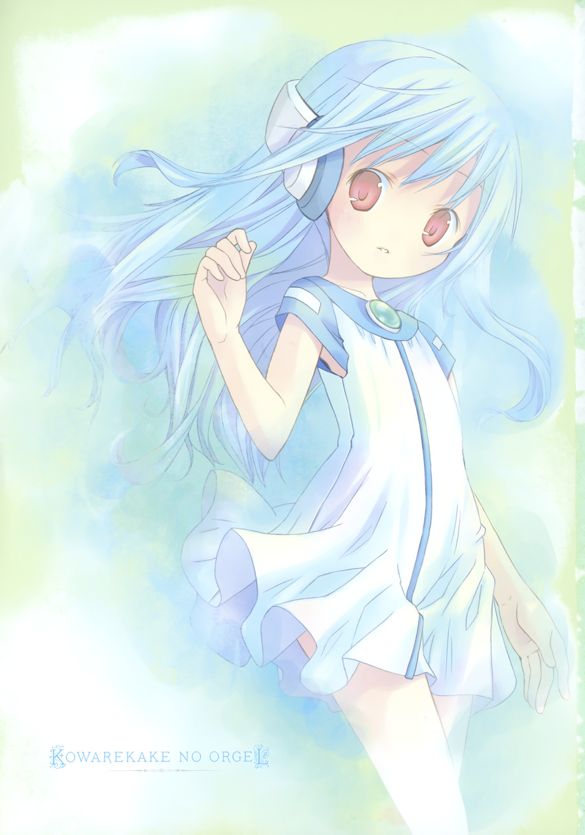 absurdres blue_hair copyright_name cover cover_page doujin_cover dress flat_chest flower_(kowarekake) hand_up head_tilt headphones highres kowarekake_no_orgel long_hair looking_at_viewer no_nose non-web_source parted_lips pop red_eyes short_sleeves solo white_dress