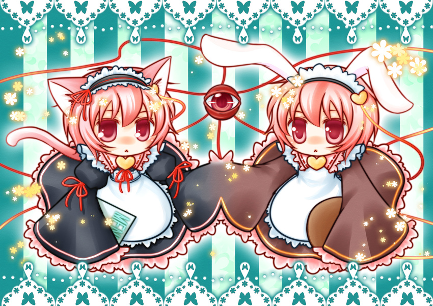 animal_ears apron bunny_ears cat_ears cat_tail dual_persona eyeball hairband heart highres kemonomimi_mode komeiji_satori multiple_girls pink_hair red_eyes short_hair tail third_eye touhou