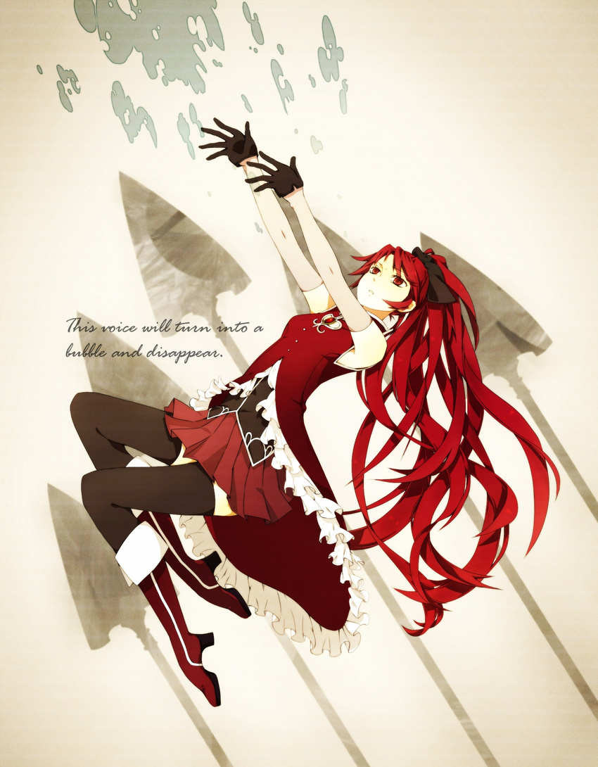 bare_shoulders black_gloves black_legwear boots detached_sleeves english gari_(apollonica) gloves highres long_hair magical_girl mahou_shoujo_madoka_magica outstretched_arms polearm ponytail red_eyes red_hair sakura_kyouko solo spear thighhighs weapon