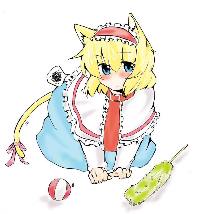 akituki-7 alice_margatroid all_fours angry animal_ears bad_id bad_pixiv_id ball blonde_hair blue_eyes blush cat_ears cat_tail cat_teaser collar highres kemonomimi_mode ribbon simple_background sketch solo tail tail_ribbon touhou