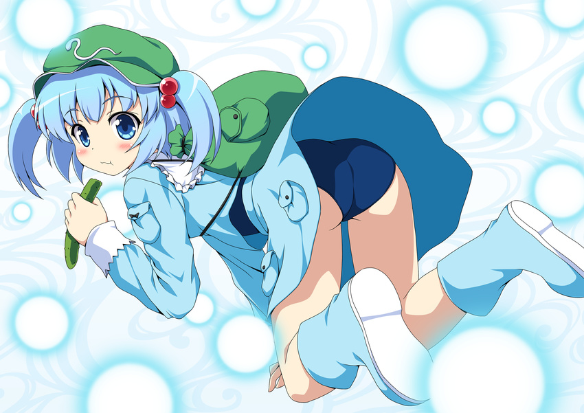 :t all_fours ass backpack bag blue_eyes blue_hair blue_skirt blue_swimsuit blush boots cucumber eating full_mouth hair_bobbles hair_ornament hat highres kawashiro_nitori looking_back rubber_boots school_swimsuit shoes short_hair skirt solo swimsuit swimsuit_under_clothes touhou two_side_up upskirt yamasan