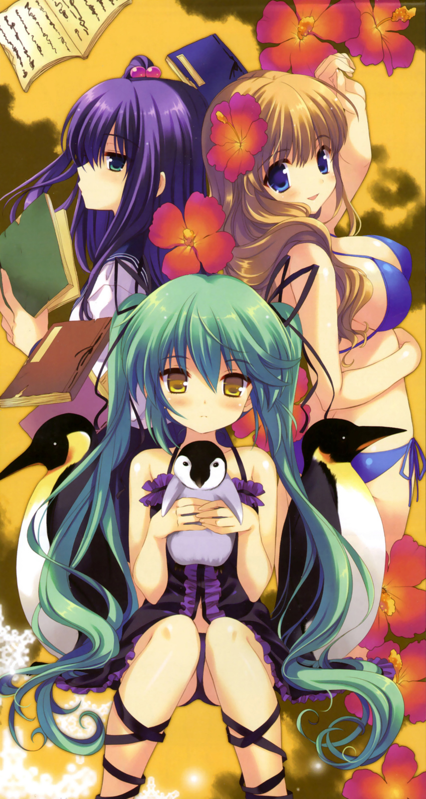 absurdres babydoll bikini bird blue_eyes blush book breasts brown_hair cross-laced_footwear flower green_eyes green_hair hair_bobbles hair_flower hair_ornament hair_ribbon hibiscus highres large_breasts long_hair lucky_chance! multiple_girls navel panties pantyshot pantyshot_(sitting) penguin purple_hair ribbon sakura_koharu school_uniform serafuku side-tie_bikini side_ponytail sitting smile swimsuit twintails underwear very_long_hair yellow_eyes