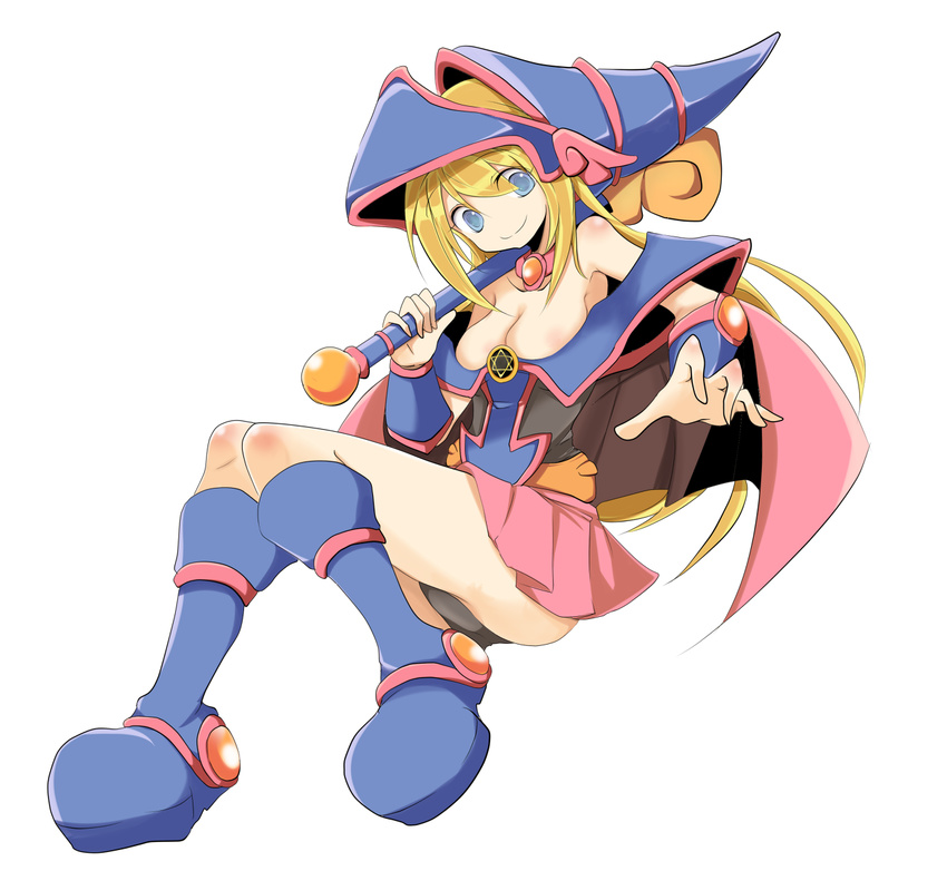 bare_shoulders blonde_hair blue_eyes blue_footwear boots dark_magician_girl duel_monster full_body hat highres mukuroi pentacle smile solo wand white_background yuu-gi-ou yuu-gi-ou_duel_monsters