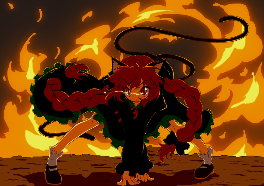 all_fours animal_ears blush bow braid cat_ears cat_tail explosion fang fire glowing hair_bow highres kaenbyou_rin long_hair madare-rin multiple_tails open_mouth red_eyes red_hair solo squatting tail touhou twin_braids twintails