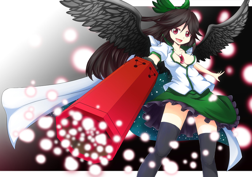 arm_cannon black_hair black_legwear black_wings bow breasts cape cleavage green_bow hair_bow highres kochouka long_hair medium_breasts open_clothes open_shirt red_eyes reiuji_utsuho shirt solo thighhighs third_eye touhou weapon wings zettai_ryouiki