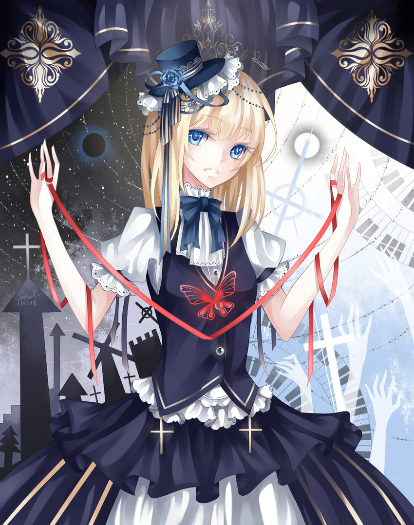 bad_id bad_pixiv_id blonde_hair blue_eyes blue_flower blue_rose bug butterfly cross curtains dress flower frills gathers hat highres insect lace long_hair looking_at_viewer open_mouth original ribbon rose solo stari top_hat