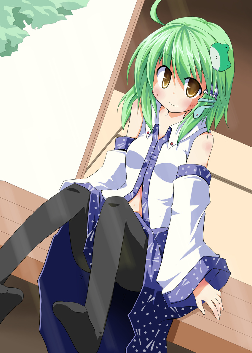 absurdres ahoge black_legwear detached_sleeves dutch_angle feet green_hair highres kochiya_sanae light_rays looking_at_viewer pantyhose sitting smile solo sunbeam sunlight touhou veranda yellow_eyes yuuhi_alpha