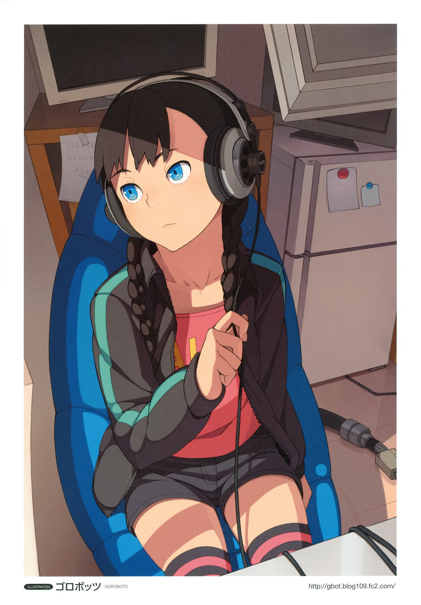 absurdres akg blue_eyes braid brown_hair go_robots hair_over_shoulder headphones highres jacket k242hd long_hair monitor original scan short_shorts shorts sitting solo striped striped_legwear thighhighs track_jacket twin_braids