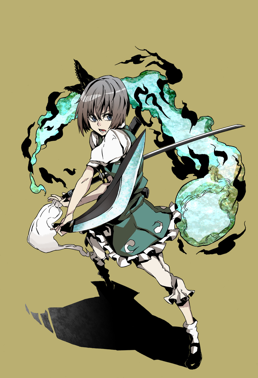 bad_id bad_pixiv_id blue_eyes bow dual_wielding grey_hair hair_bow highres holding iro_marimo konpaku_youmu konpaku_youmu_(ghost) open_mouth short_sleeves solo sword touhou weapon