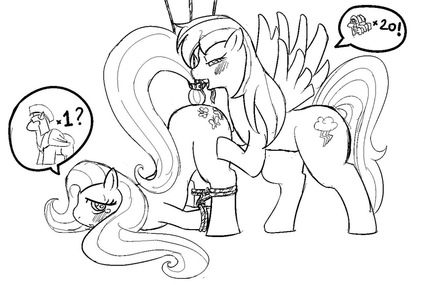 black_and_white bondage bound cutie_mark duo equine female feral fluttershy_(mlp) friendship_is_magic horse lesbian mammal monochrome my_little_pony pegasus plain_background pony rainbow_dash(mlp) rainbow_dash_(mlp) rope sketch teeth unknown_artist white_background wings