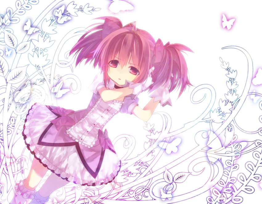 adjusting_hair bow bubble_skirt choker dress gloves hair_bow highres kaname_madoka kneehighs magical_girl mahou_shoujo_madoka_magica open_mouth pink_eyes pink_hair puffy_sleeves short_twintails skirt solo tahya twintails