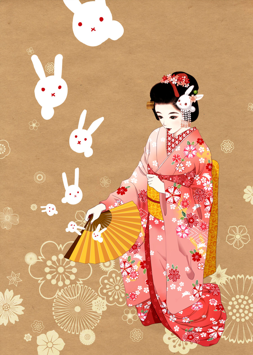 alicom animal_print bad_id bad_pixiv_id black_hair bunny fan floral_print folding_fan geisha hair_ornament highres japanese_clothes kanzashi kimono lipstick makeup nail_polish nihongami obi original sash shippou_(pattern) solo susohiki