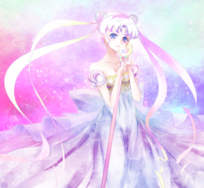 back_bow bishoujo_senshi_sailor_moon blue_eyes bow crescent double_bun dress earrings gown huge_bow jewelry long_hair looking_at_viewer princess princess_serenity ribbon smile solo sparkle strapless strapless_dress torao_(torakmn) tsukino_usagi wand white_hair