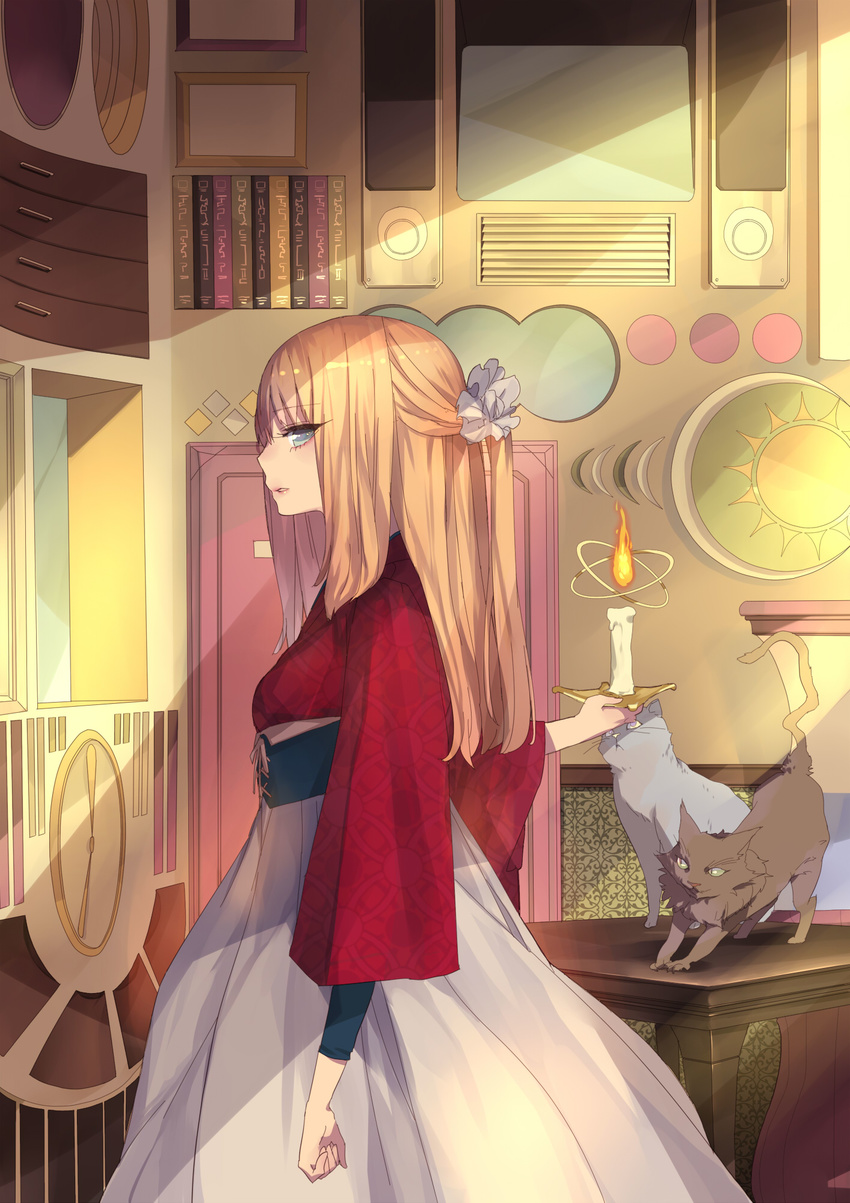 bad_id bad_pixiv_id blonde_hair blue_eyes candle cat highres indoors japanese_clothes long_hair noco_(adamas) original profile room solo